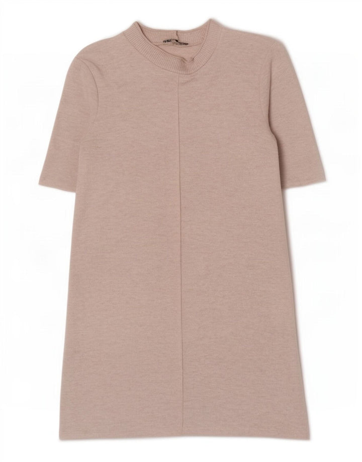 Vestido feminino Zara UK 14 poliéster manchado bege médio