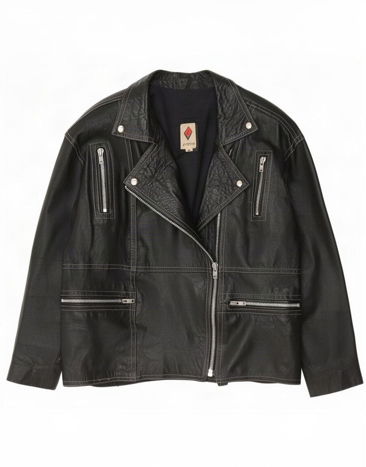 Jaqueta de couro de motociclista vintage feminina IT 48 XL preta
