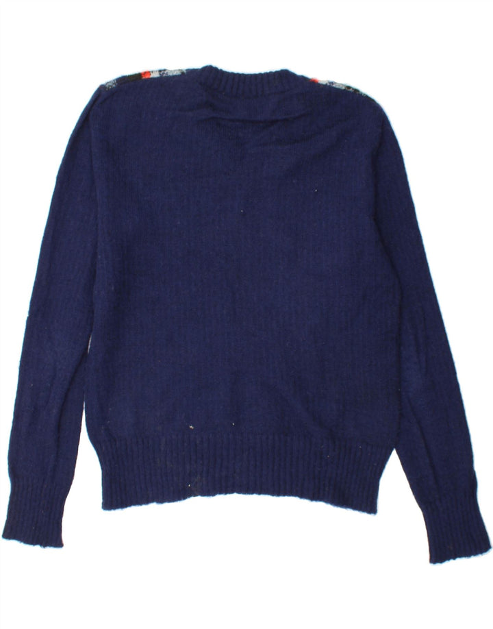 VINTAGE Mens V-Neck Jumper Sweater Medium Navy Blue Check Vintage Vintage and Second-Hand Vintage from Messina Hembry 