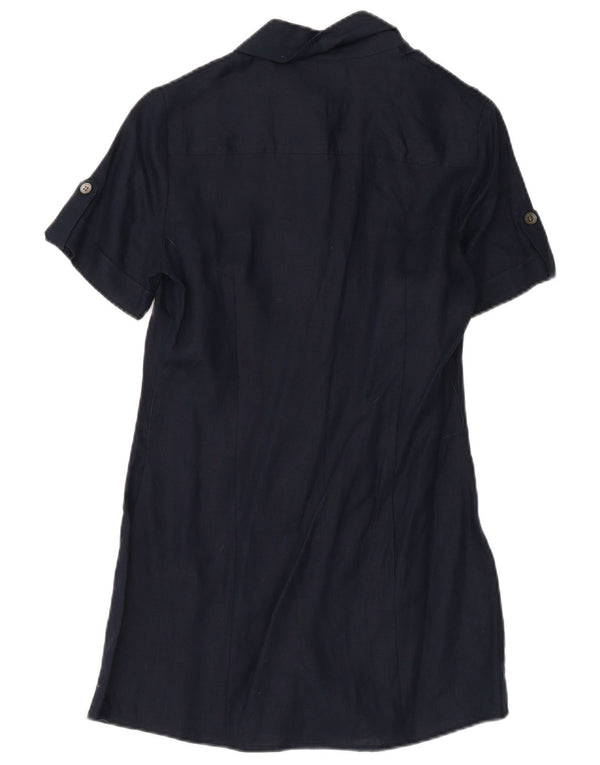Vestido camisa feminino de mangas curtas Laura Ashley Reino Unido 8 pequeno linho azul marinho