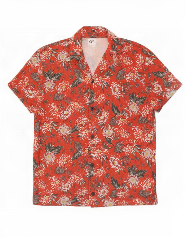 Camisa masculina de manga curta Zara poliéster floral vermelho médio
