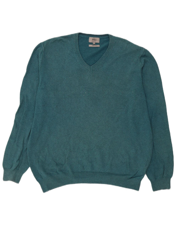 Suéter masculino Marks & Spencer com decote em V 2XL algodão azul