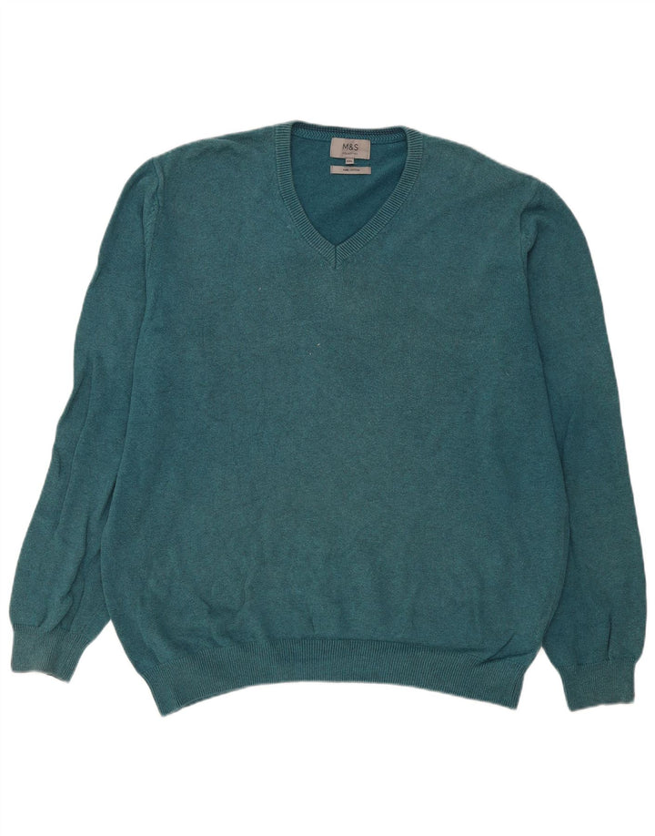 Suéter masculino Marks & Spencer com decote em V 2XL algodão azul