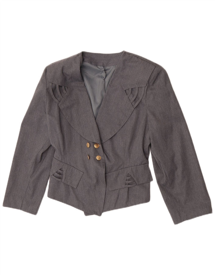 Jaqueta blazer feminina vintage com peito duplo Reino Unido 12 poliéster cinza médio