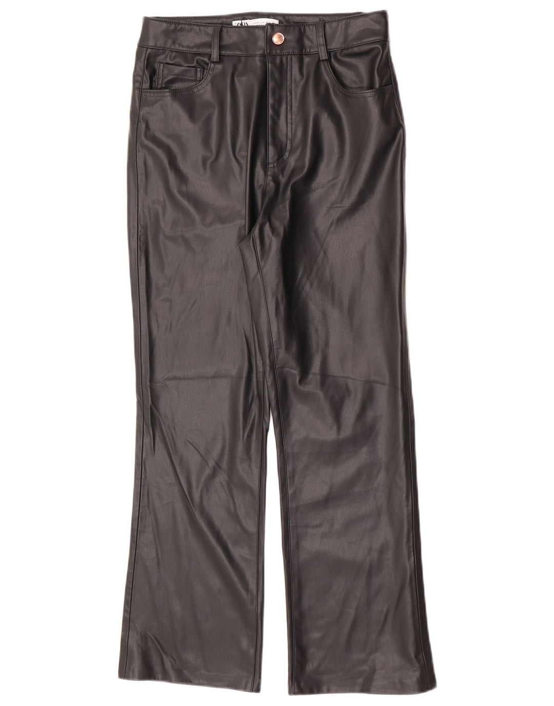 Calça feminina Zara Bootcut de couro sintético UE 38 pequena W28 L26 preta