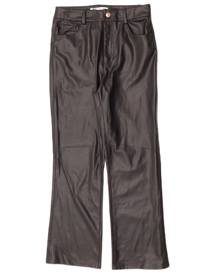 Calça feminina Zara Bootcut de couro sintético UE 38 pequena W28 L26 preta