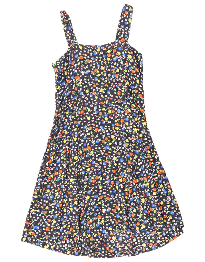 Vestido de verão feminino vintage Reino Unido 12 médio azul marinho floral