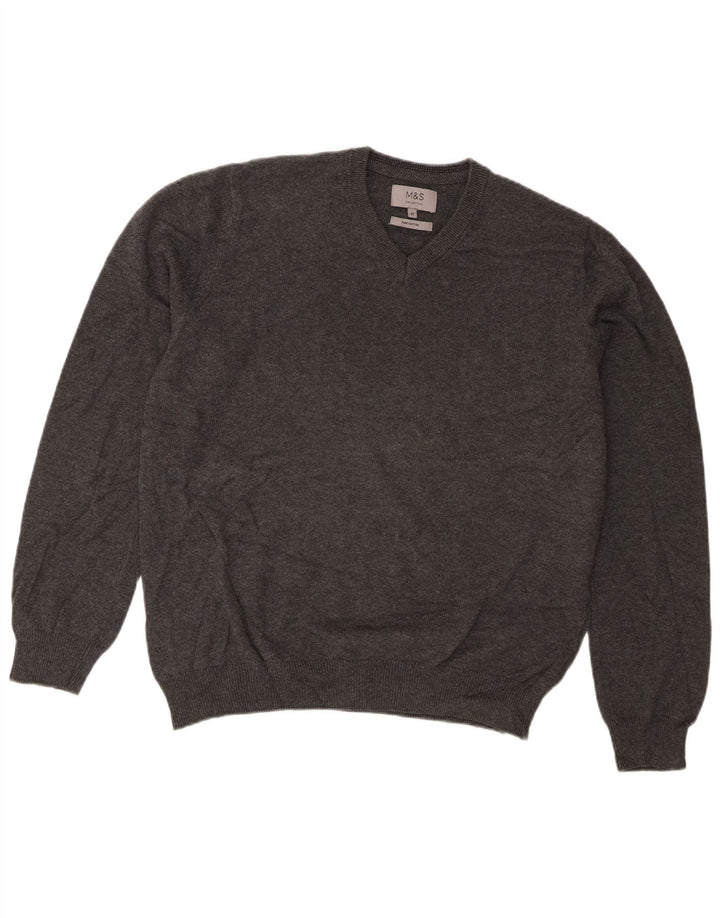 Suéter masculino Marks & Spencer com decote em V, algodão cinza médio