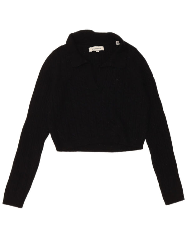 Jack Wills Suéter feminino cropped com gola polo Reino Unido 14 grande preto