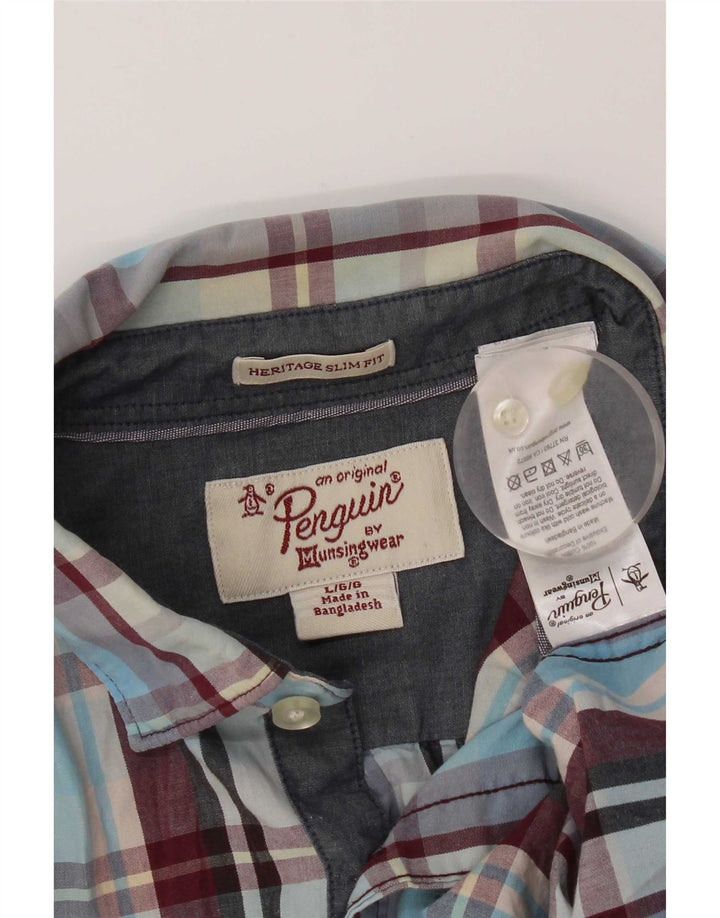 Camisa masculina Penguin Heritage Slim Fit grande algodão xadrez azul