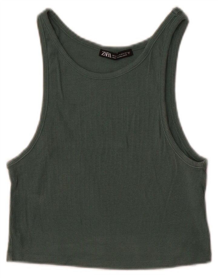 Top colete feminino Zara UK 12 algodão verde médio