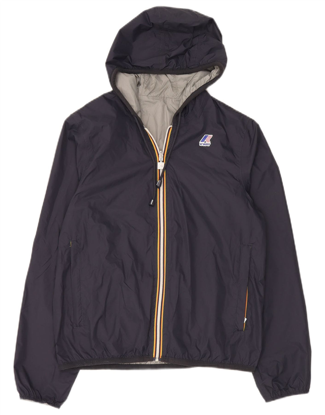Jaqueta de chuva feminina reversível com capuz K-Way UK 14 médio azul marinho poliamida