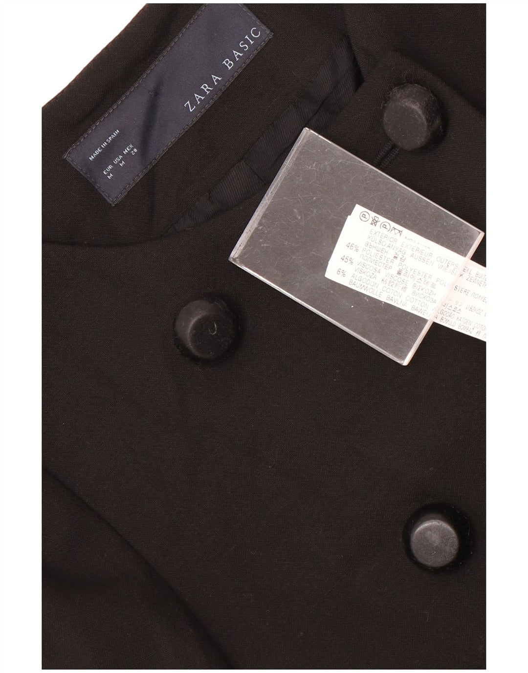 Casaco feminino Zara com peito duplo UK 12 poliéster preto médio