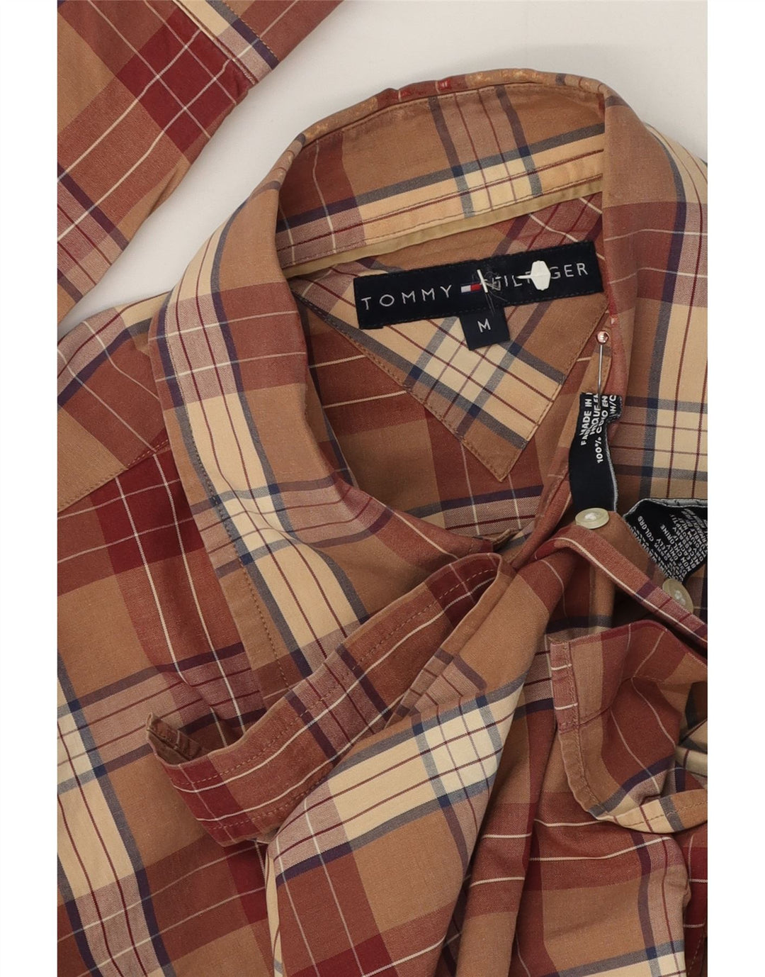 Camisa masculina Tommy Hilfiger de algodão xadrez marrom médio