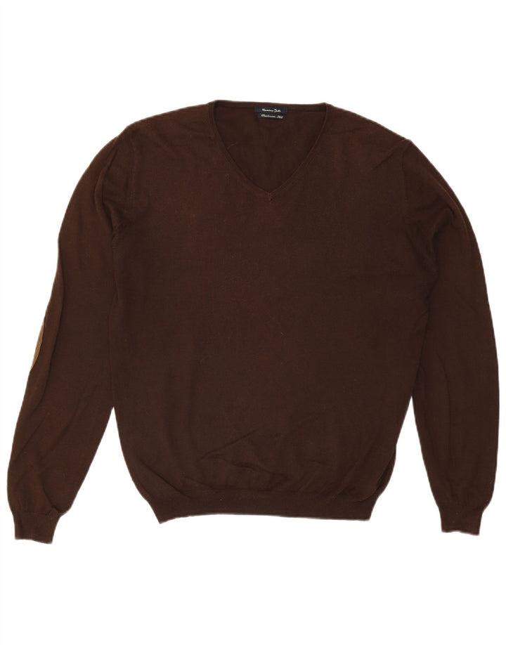 Suéter masculino Massimo Dutti com decote em V, caxemira marrom médio