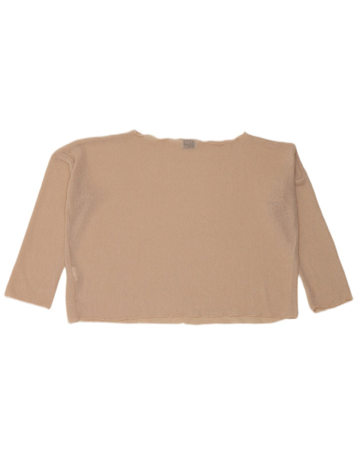 Zara Top feminino cropped manga 3/4 UK 10 pequeno poliéster bege