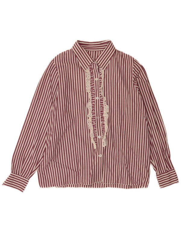 Camisa feminina vintage com babados na frente UK 18 XL listrada Borgonha