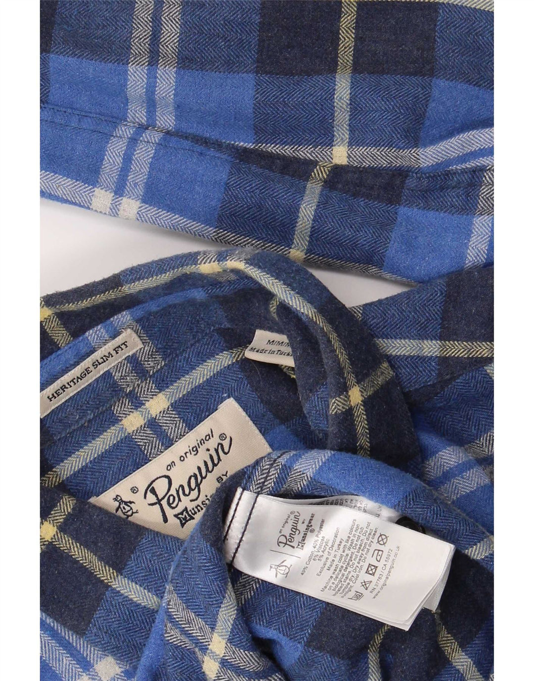 Camisa masculina de flanela Penguin Heritage Fit slim de algodão xadrez azul médio