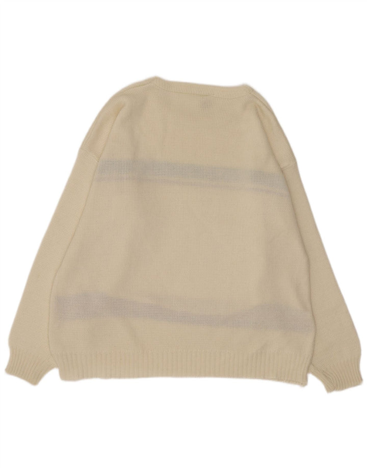 Suéter vintage masculino com gola canoa grande off white Argyle/Diamante