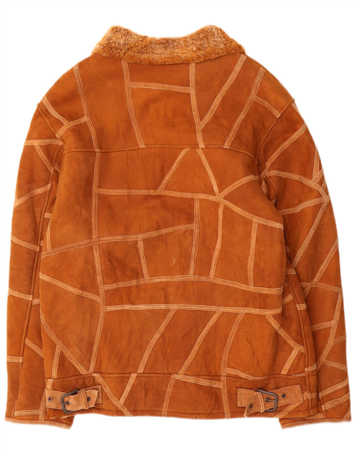 Jaqueta Shearling Feminina Vintage Reino Unido 14 Marrom Médio Geométrico