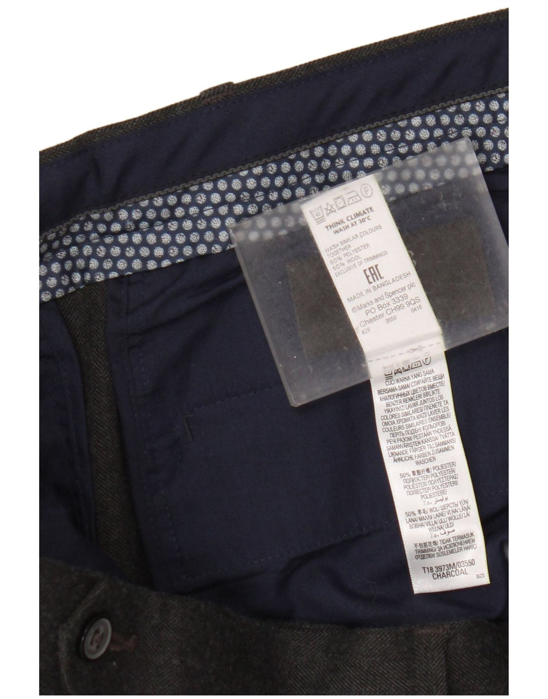 Calça masculina de terno reto Marks & Spencer W38 L31 algodão cinza