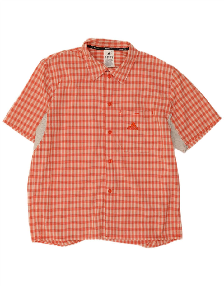 Adidas Mens Climalite Camisa de manga curta grande laranja xadrez poliéster