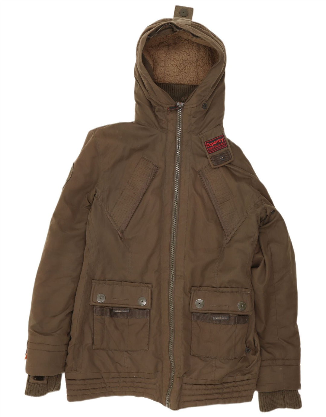 Jaqueta corta-vento com capuz feminina Superdry UK 16 grande poliéster cáqui
