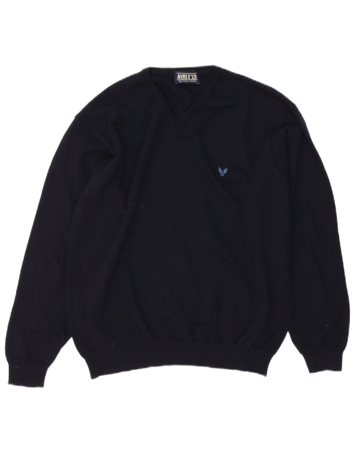 Suéter masculino Avirex com gola V, lã Merino azul marinho médio