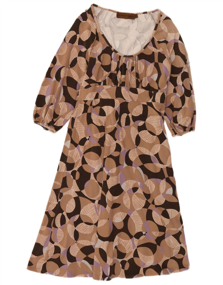 Vestido feminino Fenn Wright Manson evasê Reino Unido 8 pequeno algodão geométrico bege