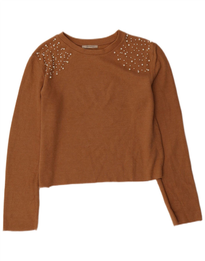 Suéter feminino ZARA com gola redonda e gola redonda, tamanho 16, marrom grande
