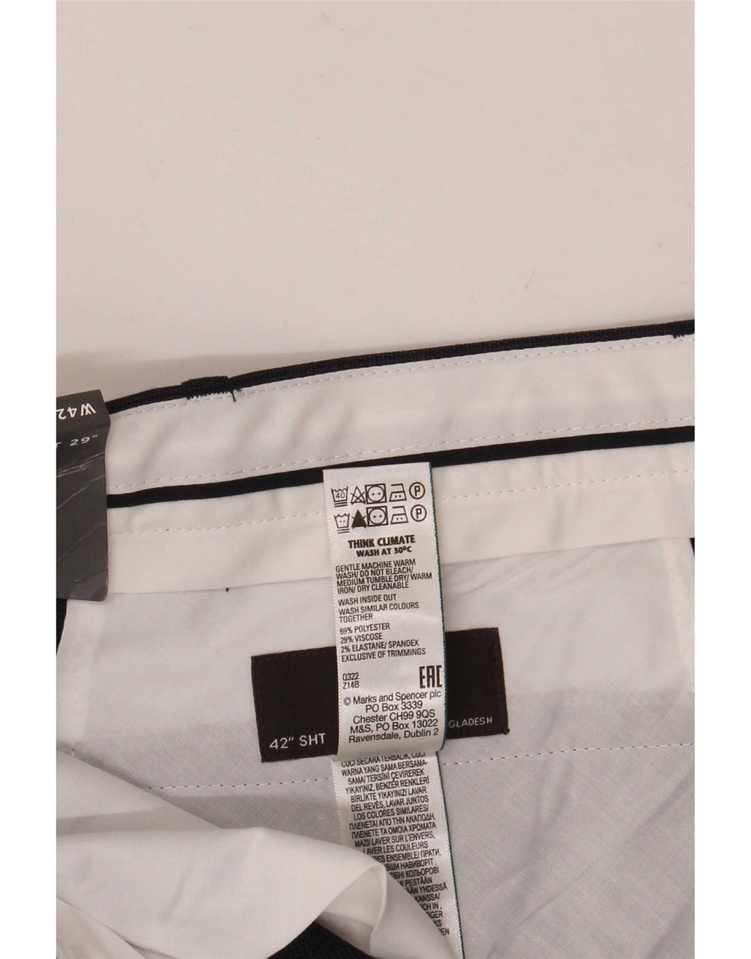 Calça chino masculina Marks & Spencer W42 L29 poliéster azul marinho