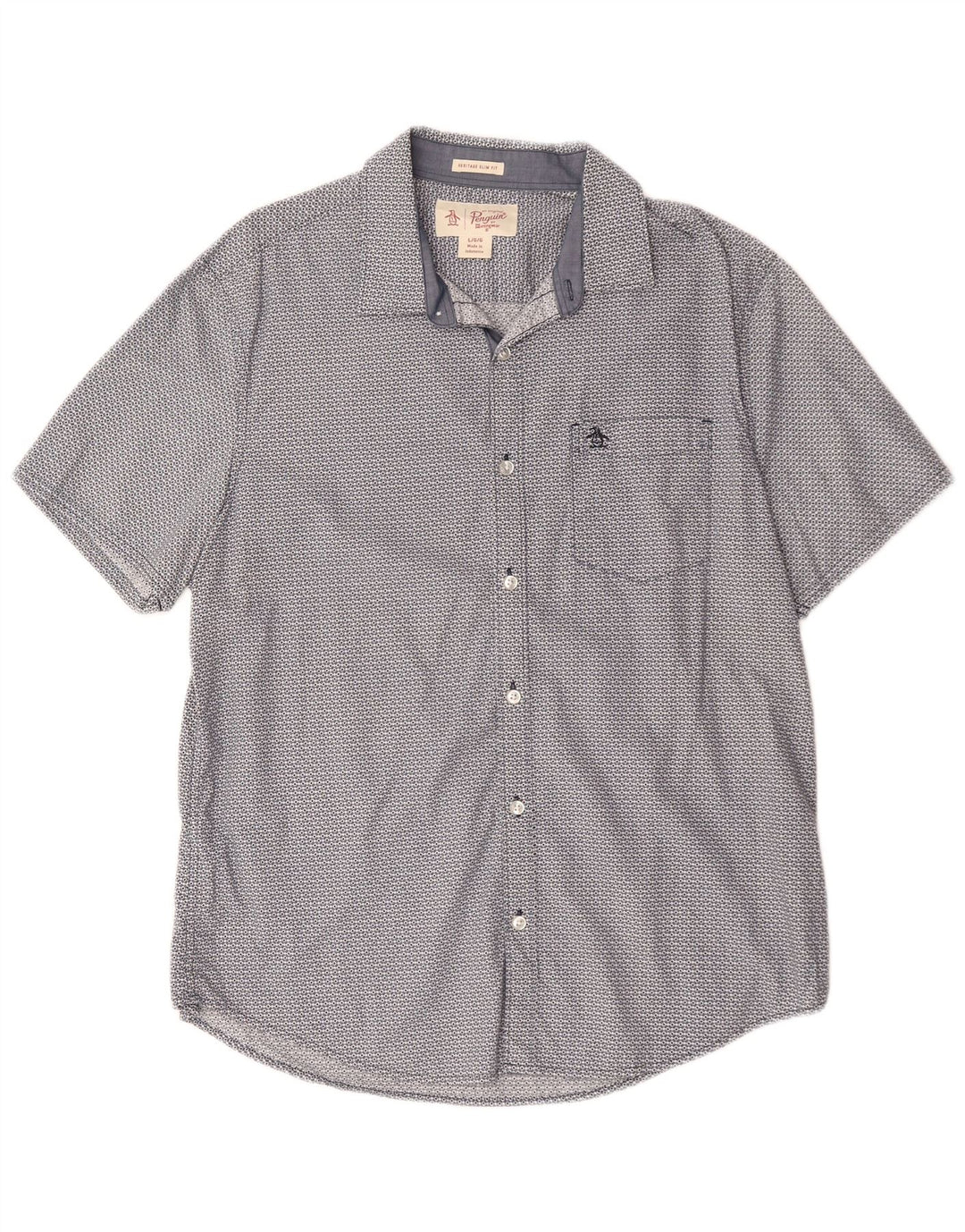 PENGUIN Mens Heritage Slim Fit Short Sleeve Shirt Large Blue Geometric