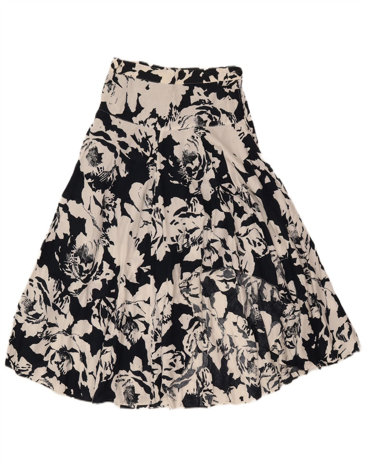 Saia alargada feminina vintage IT 40 pequena W25 poliéster floral preto