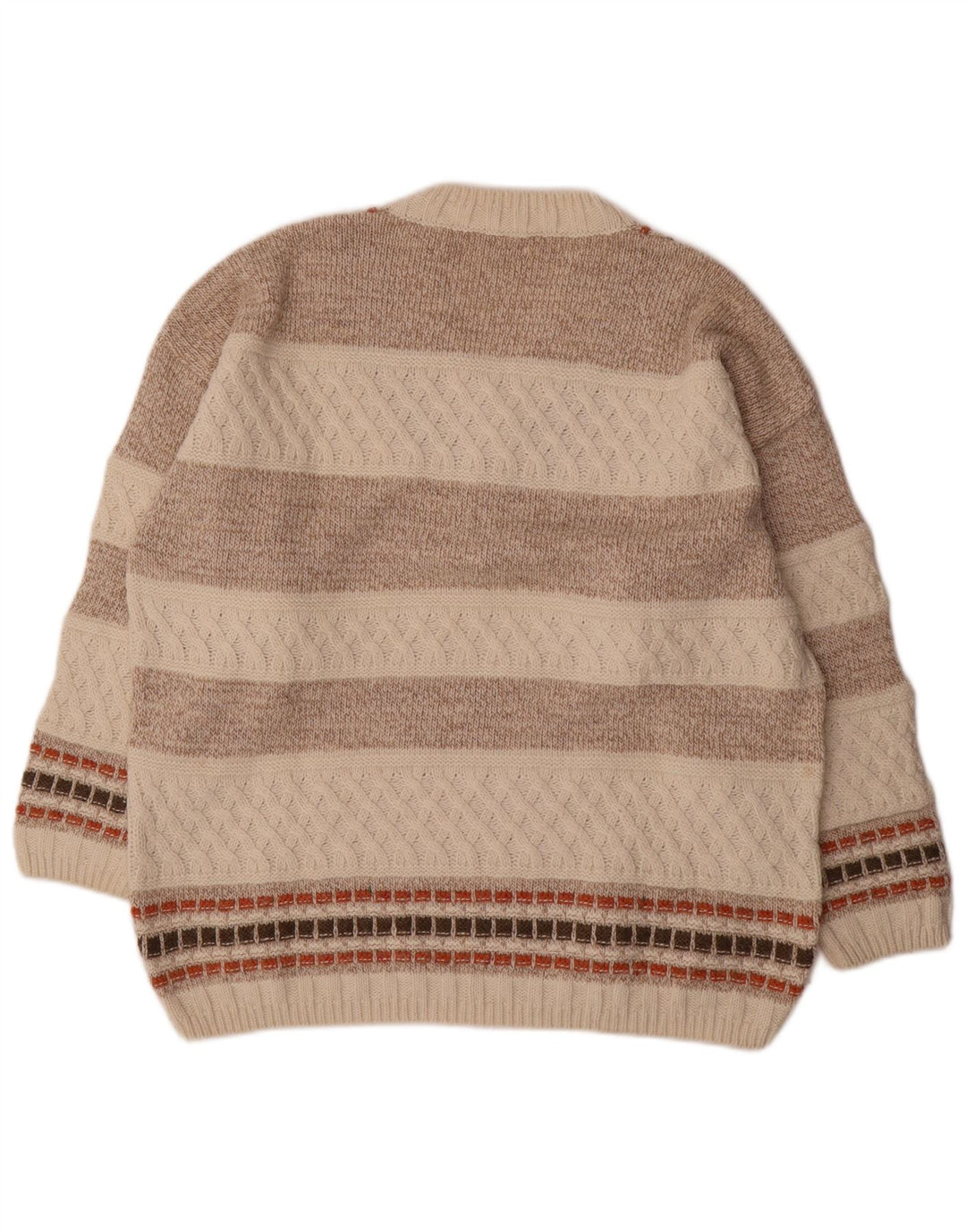 Suéter masculino vintage com decote em V de lã listrada bege médio