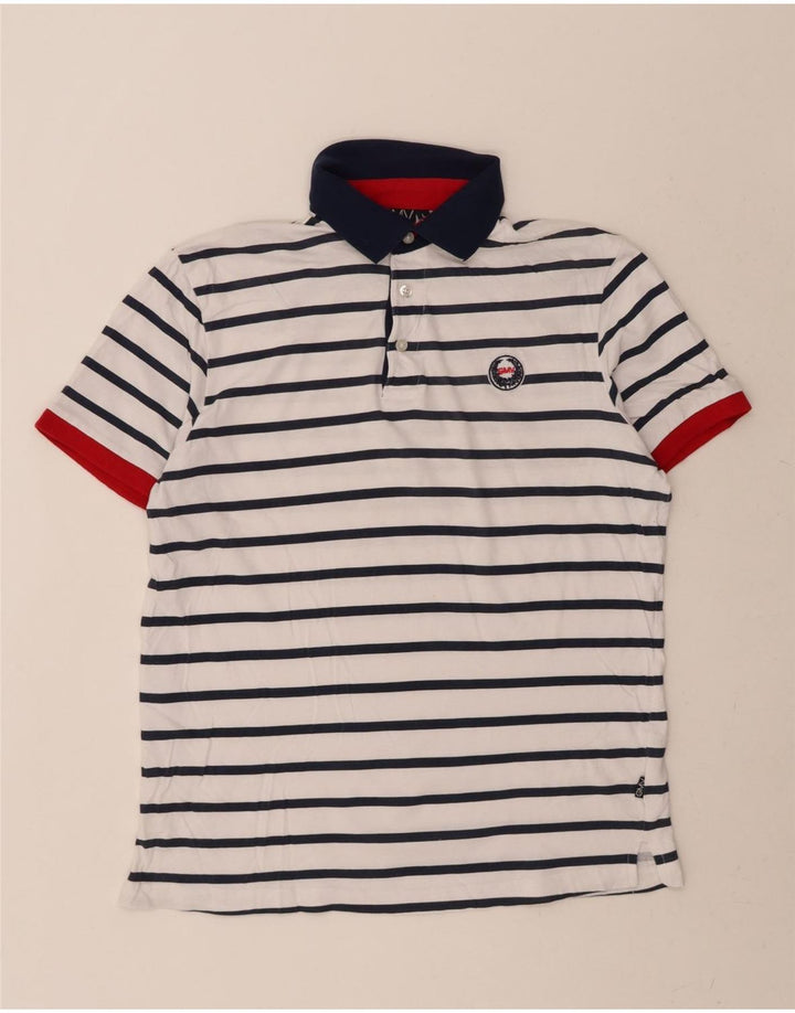 GIAN MARCO VENTURI Mens Polo Shirt Large White Striped Cotton Vintage Gian Marco Venturi and Second-Hand Gian Marco Venturi from Messina Hembry 