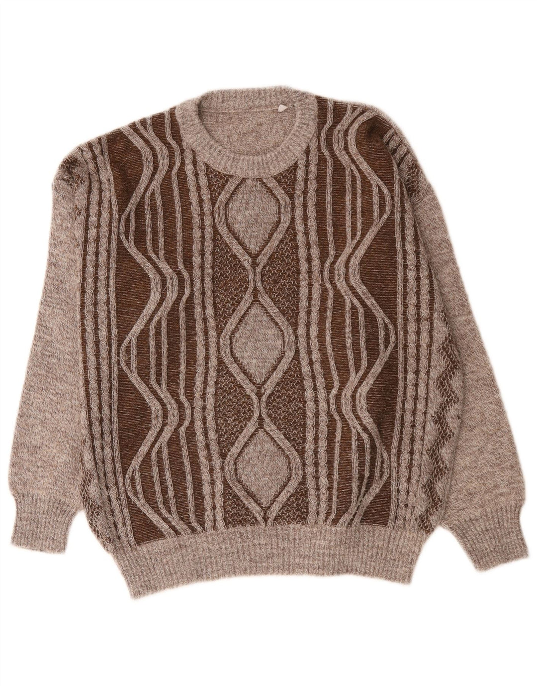 Suéter vintage masculino com gola redonda grande marrom geométrico