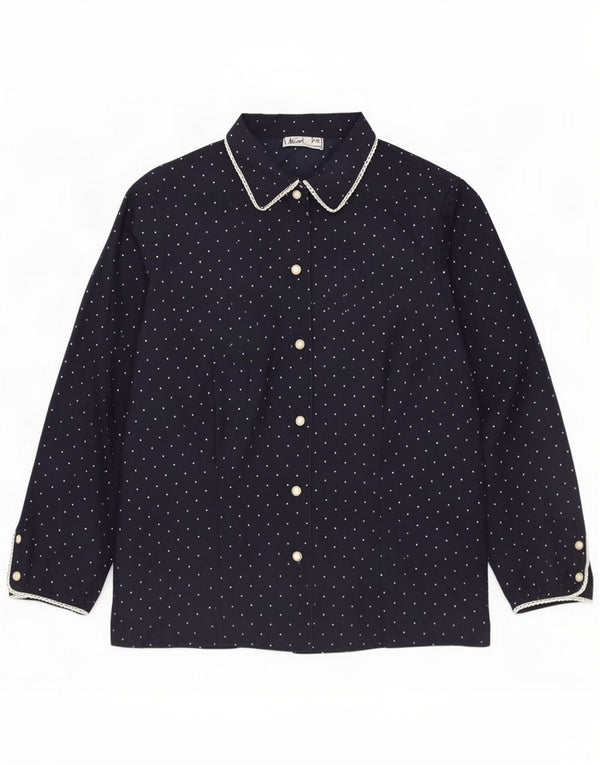 Blusa feminina vintage manga 3/4 Reino Unido 14 azul marinho médio manchado