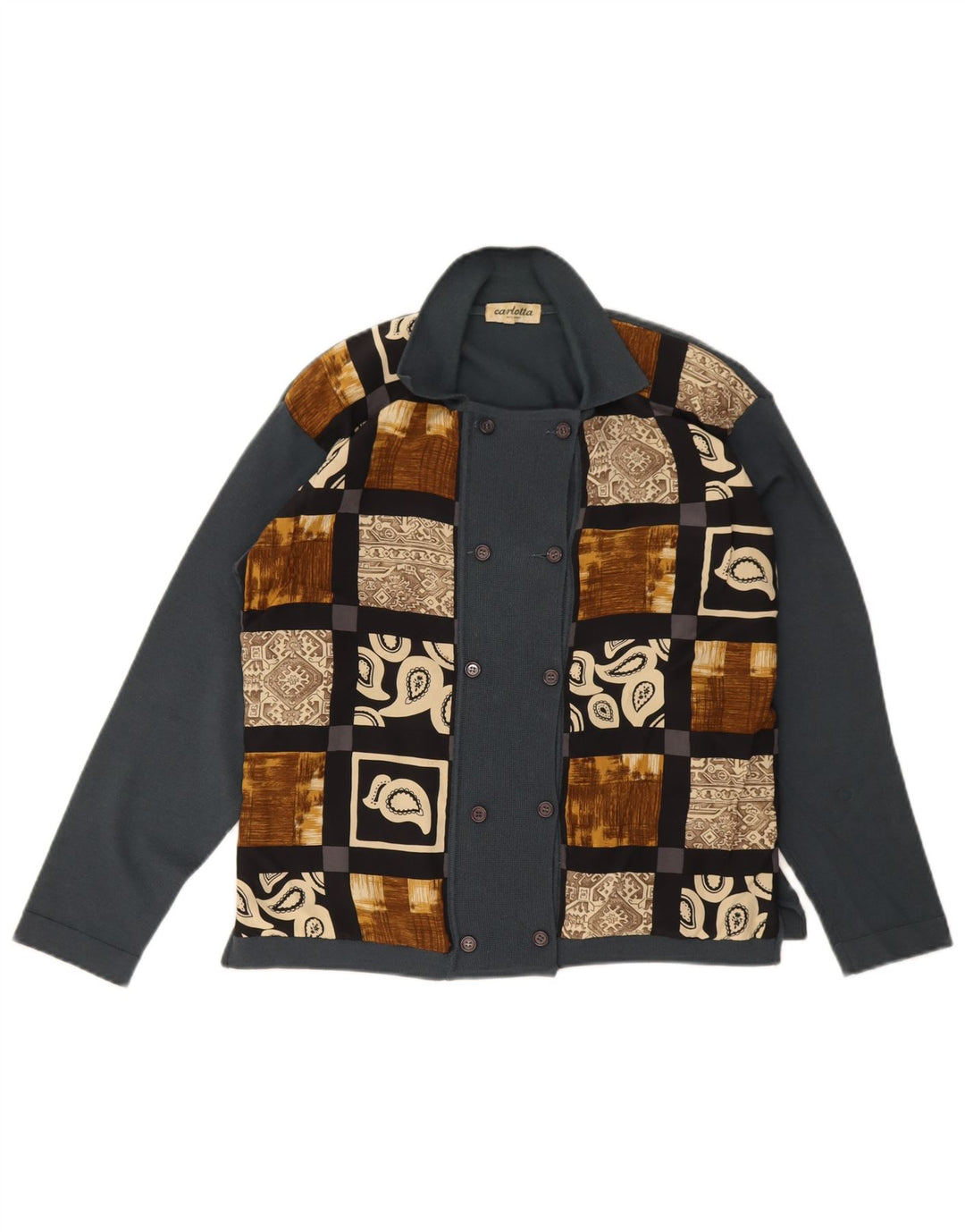 Suéter cardigã feminino vintage com peito duplo Reino Unido 14 patchwork cinza médio