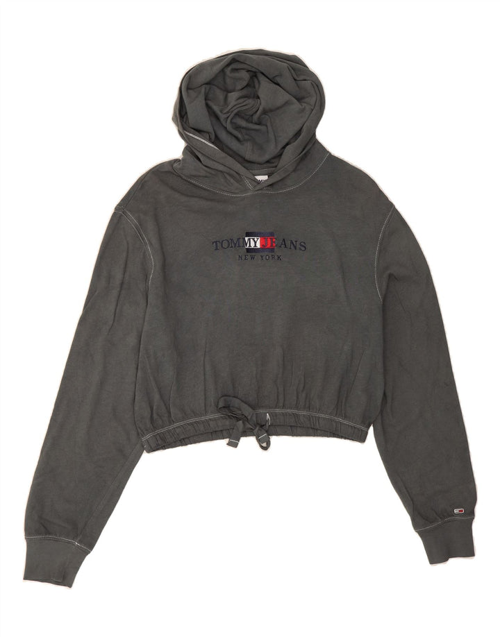 TOMMY HILFIGER Womens Oversized Graphic Crop Hoodie Jumper UK 6 XS Grey Vintage Tommy Hilfiger and Second-Hand Tommy Hilfiger from Messina Hembry 