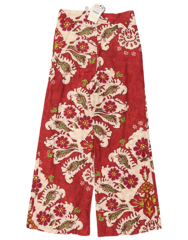 Zara Calça feminina cintura alta com perna larga grande W30 L33 linho floral vermelho