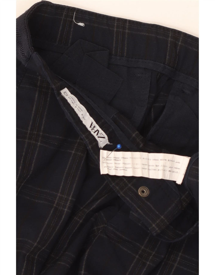 ZARA Mens Slim Chino Calças Pequenas W30 L29 Azul Marinho Xadrez Poliéster