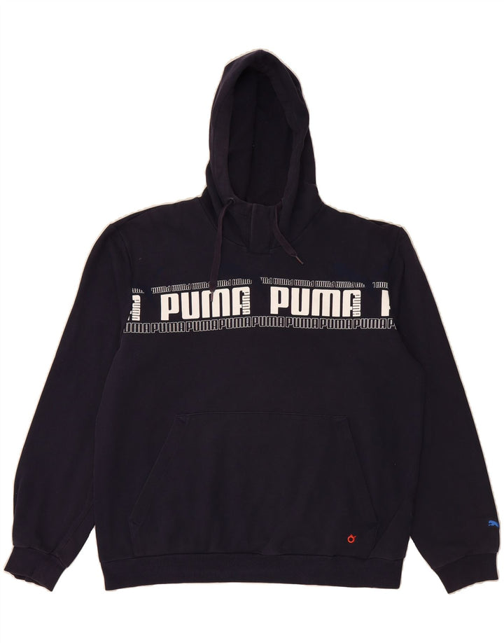 PUMA Mens Graphic Hoodie Jumper Large Navy Blue Cotton Vintage Puma and Second-Hand Puma from Messina Hembry 