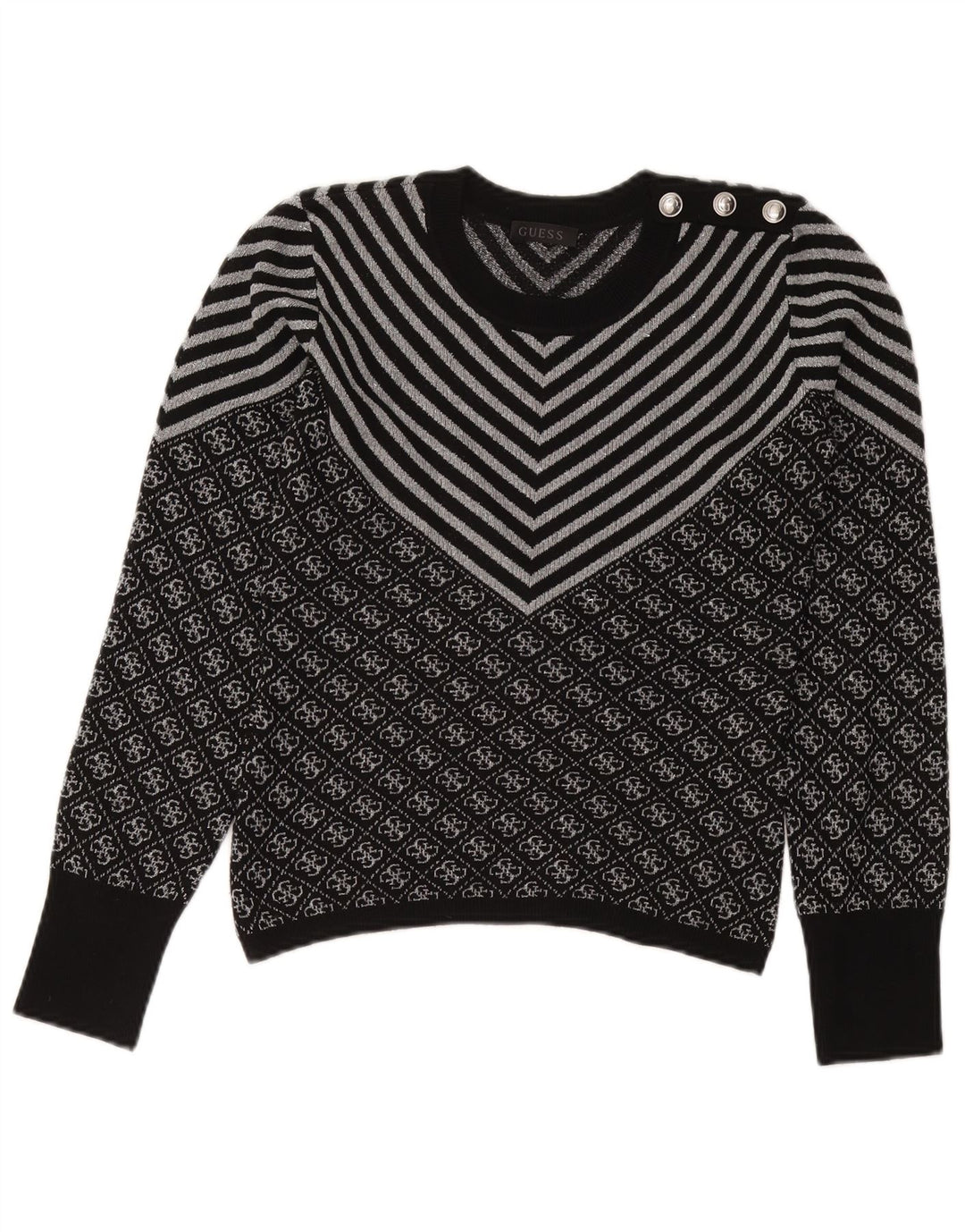 Suéter feminino GUESS com gola redonda UK 6 XS preto Chevron poliéster