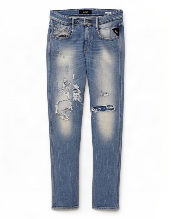 Jeans Replay Feminino Anbass Distressed Slim W29 L32 Azul Algodão