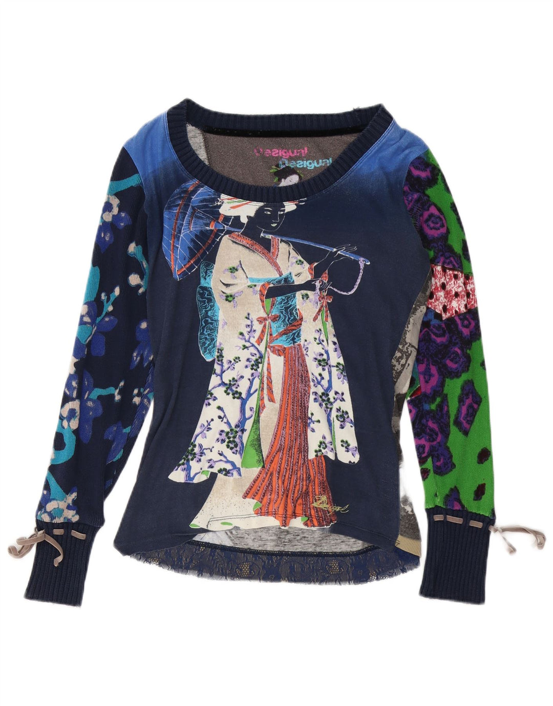 DESIGUAL Top gráfico feminino manga comprida UK 14 médio azul marinho floral