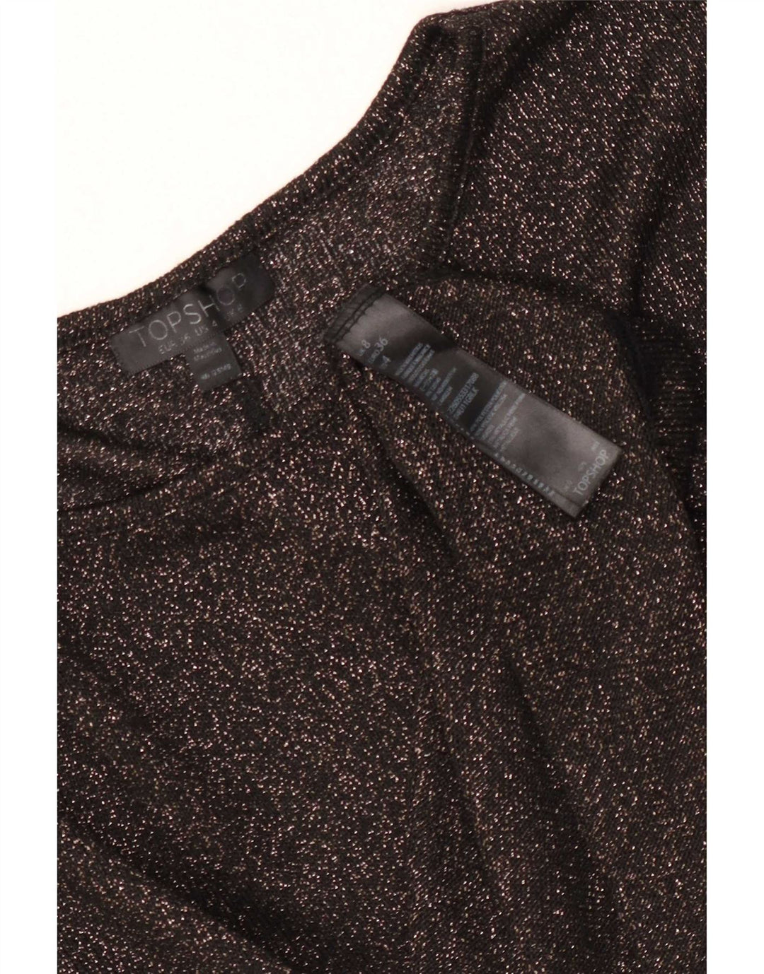 Camiseta feminina grande Topshop UK 8 pequena preta manchada de poliéster
