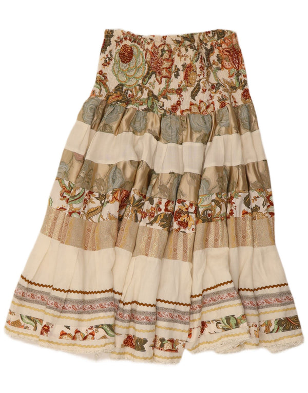 Saia feminina vintage cintura alta larga W28 viscose floral bege médio
