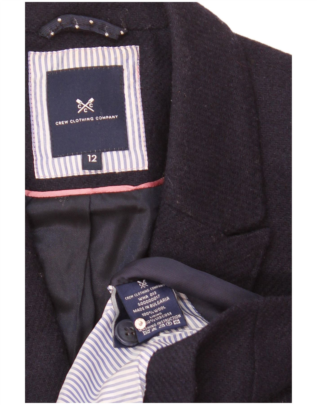 Jaqueta blazer feminina de 2 botões da Crew Clothing UK 12 lã azul marinho médio