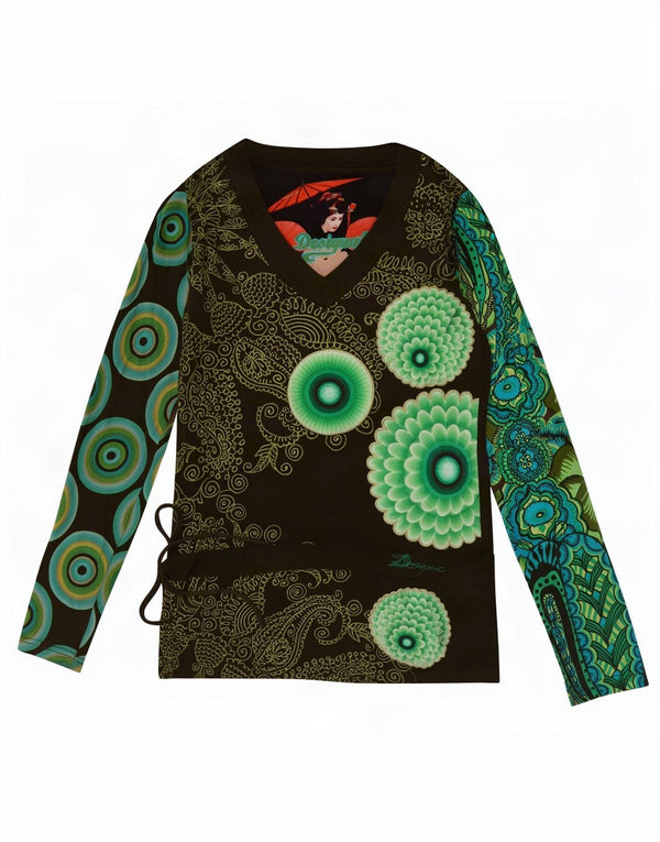 Top gráfico feminino Desigual manga comprida Reino Unido 10 algodão caqui pequeno Paisley