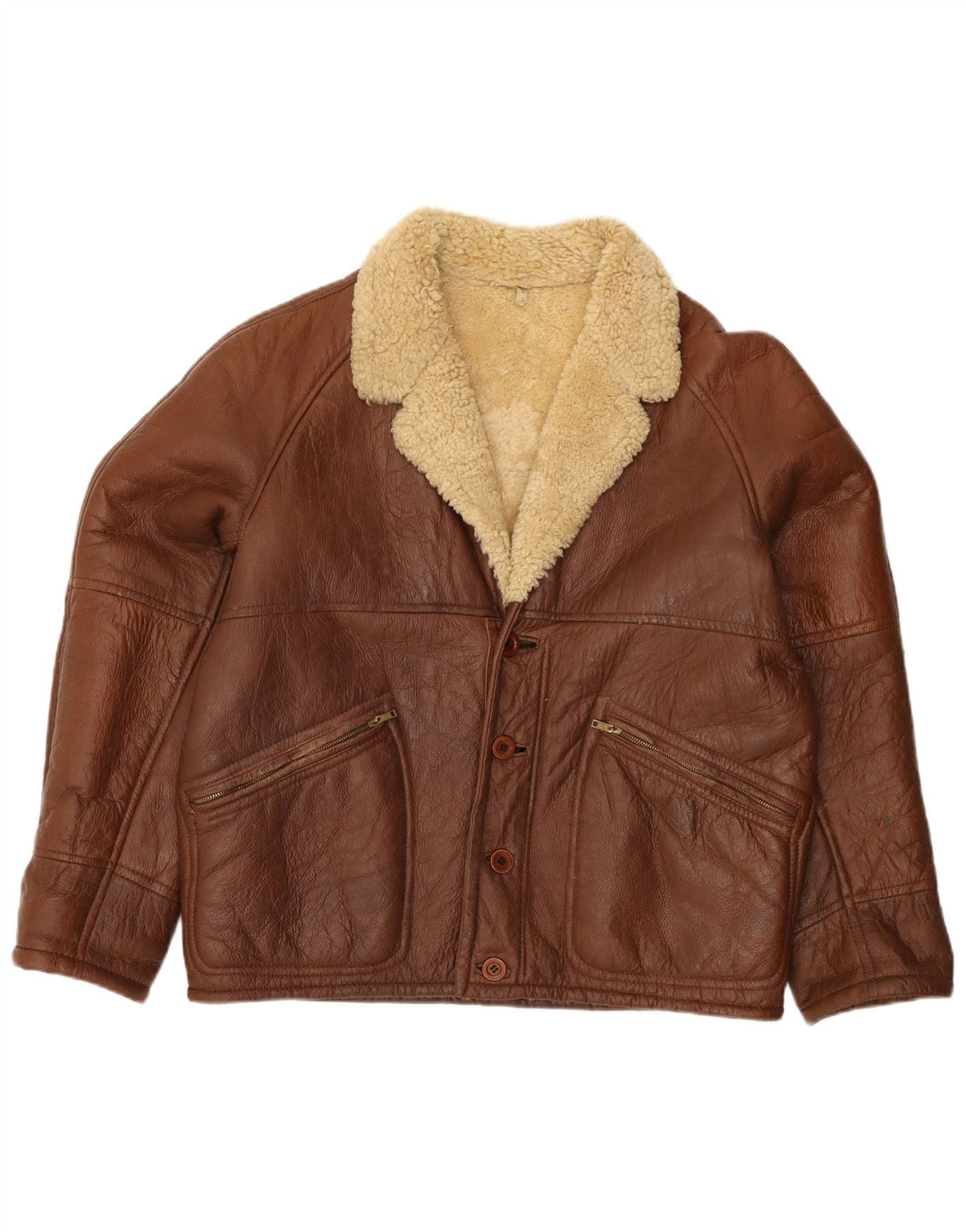 Jaqueta masculina vintage shearling IT 52 XL couro marrom